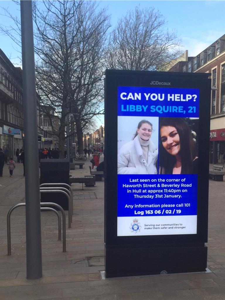 Call for help: Digital screens in Hull city centre showing the police appeal in connection Libby's disappearance