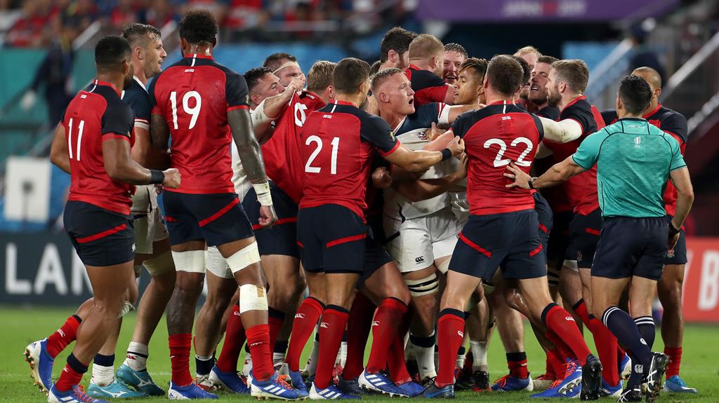 Rugby ruckus: Players clash after Farrell was fouled
