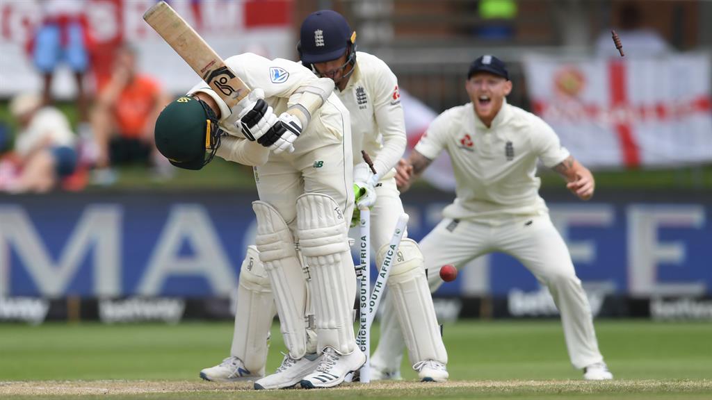 Owzat: Ben Stokes celebrates as Anrich Nortje of South Africa is bowled by Dom Bess