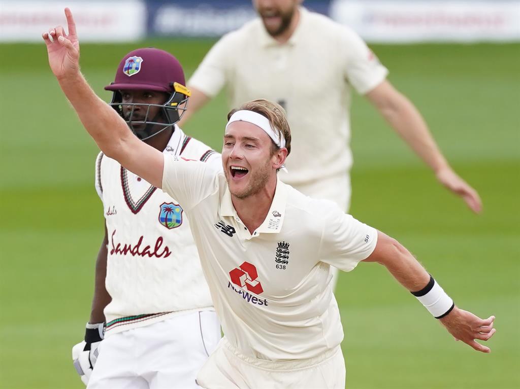 Owzat: Stuart Broad celebrates after trapping West Indies' Roston Chase LBW PICTURE: GETTY