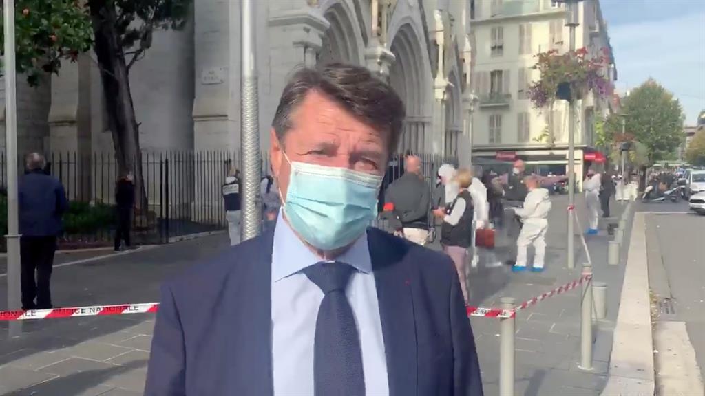 Emergency: Mayor of Nice Christian Estrosi gives a statement outside the basilica PICTURE: REUTERS