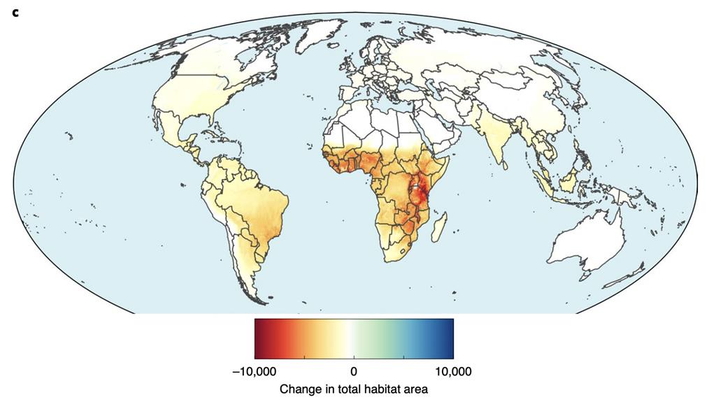 Projected changes in total habitat (mean habitat loss in a cell multiplied by the number of species present) caused by agriculture expansion by 2050. Note the concentrations in East and West Africa: GRAPHIC: WILLIAMS & CLARK ET AL 2020