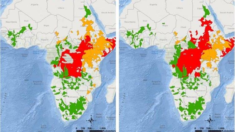Africa on May 5 and 6: Areas experiencing flood watch (red), warning (orange) or advisory (green) conditions PICTURE: NASA/MARGARET T GLASSCOE (JPL)
